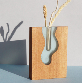 Soliflore vase bois r&eacute;sine bleue artisanal elementti